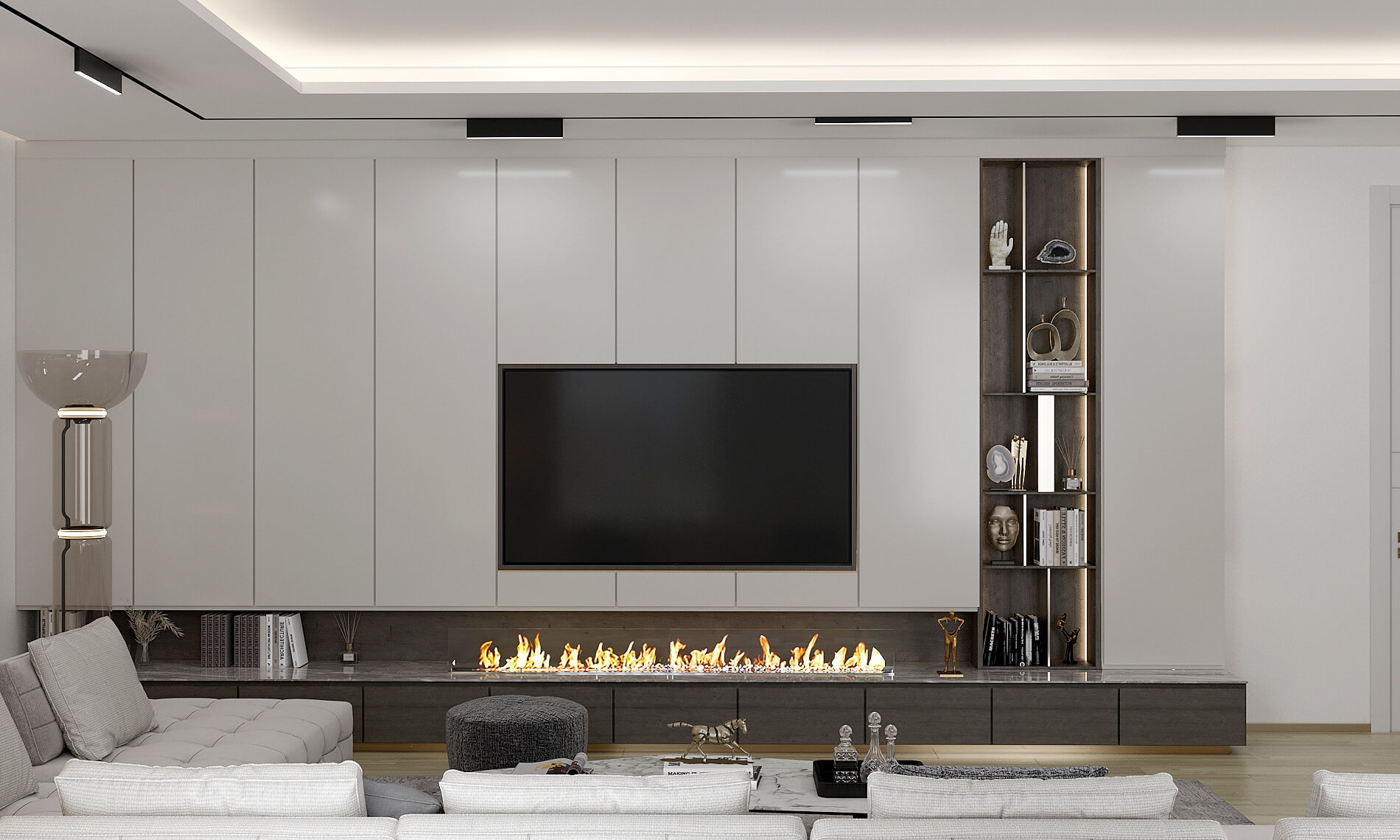 Luxurious interior design by Emkaan in Dubai featuring a stunning Biofire fireplace